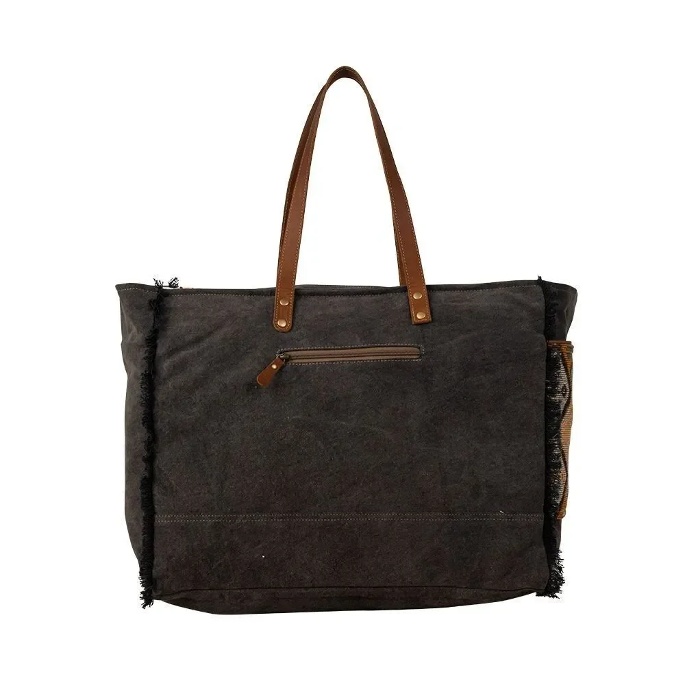 Myra Bag Handmade Seneca Weekender Bag Upcycled Canvas & Cowhide Leather